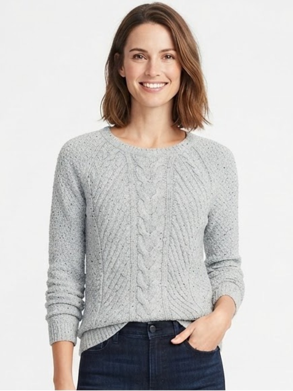 Lands' End Gray Cable Knit Speckled Cotton Blend Pullover Sweater M/P 10-12